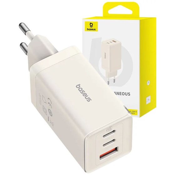 Univerzalni punjač Baseus Gan5 65W bijeli, 2x USB C, 1x USB A, + USB C kabel 1m, P10110812227-Z1