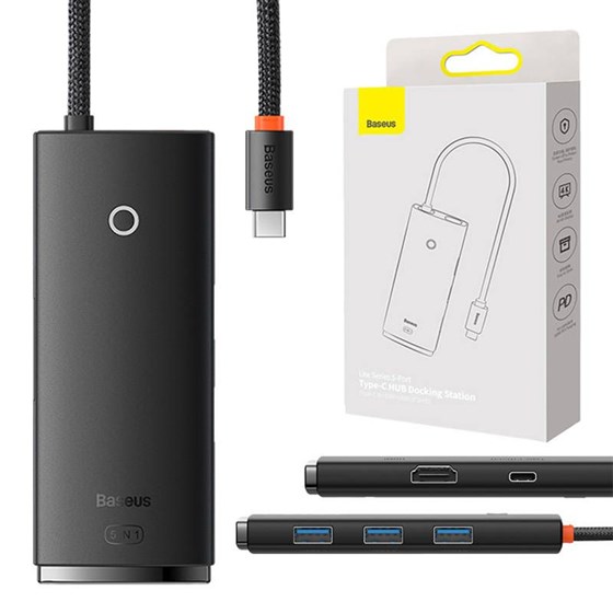 USB C Hub Baseus Lite Series 5u1, 3x USB 3.0, 1x HDMI, 1x USB C (PD 100W), WKQX080201